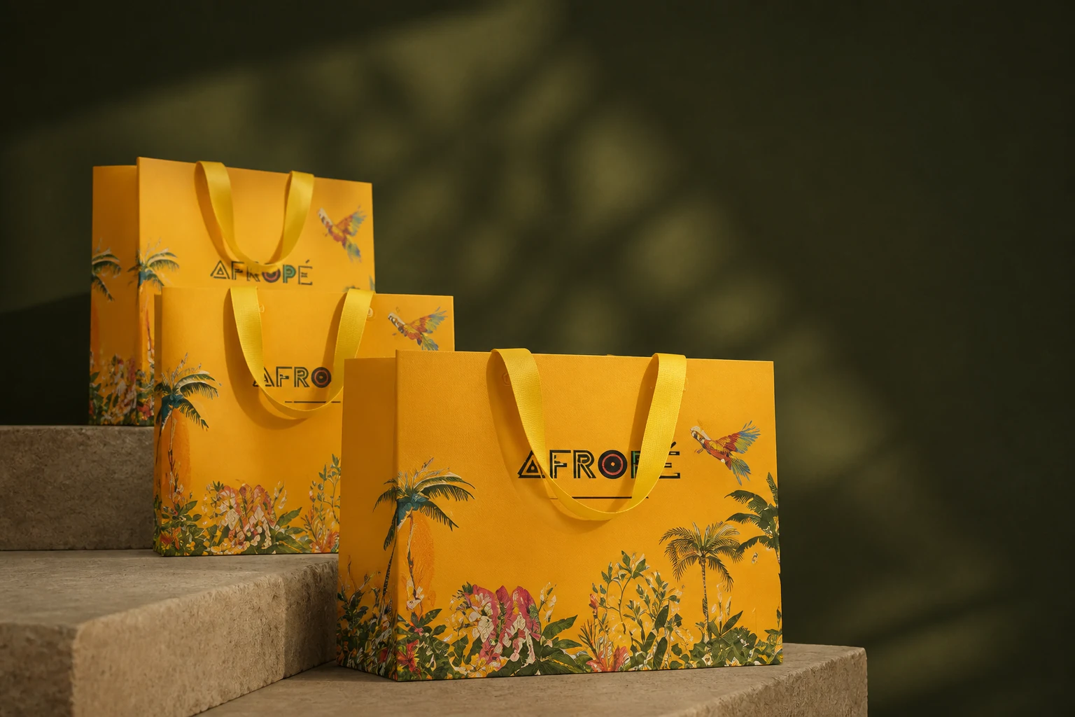 Sacolas personalizadas premium amarelas em composição editorial